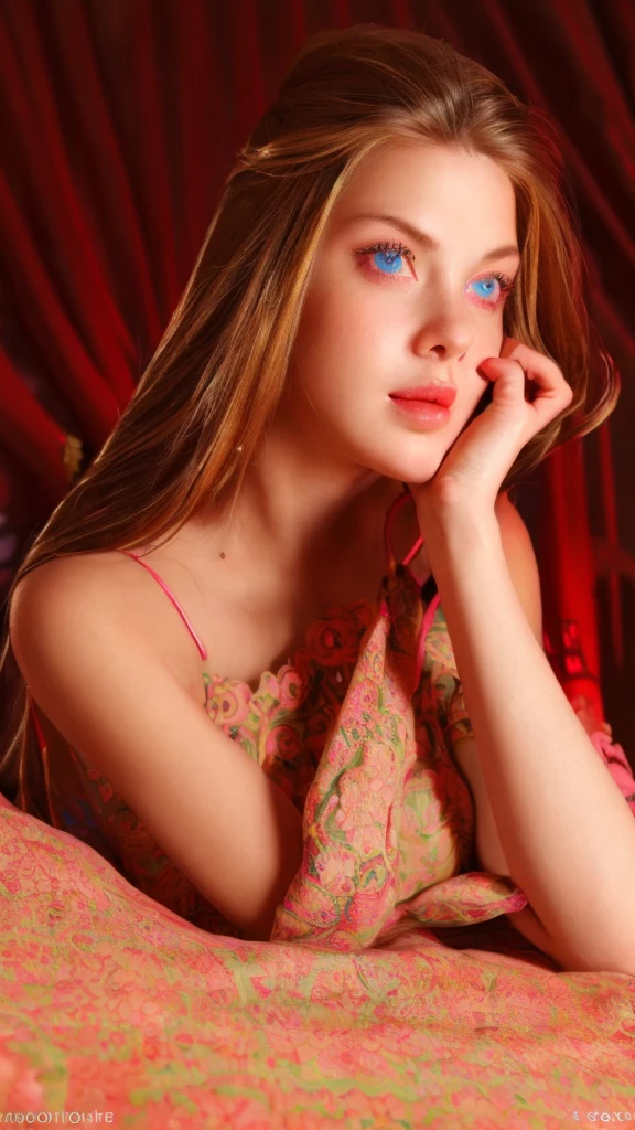 1girl, beautiful detailed lips, extremely detailed eyes and face, laying on bed, on back, award winning, intricate details, photorealistic, cinematic lighting, volumetric lighting, depth of field, beautiful face, striking pose, dynamic composition, vivid colors, warm tones
