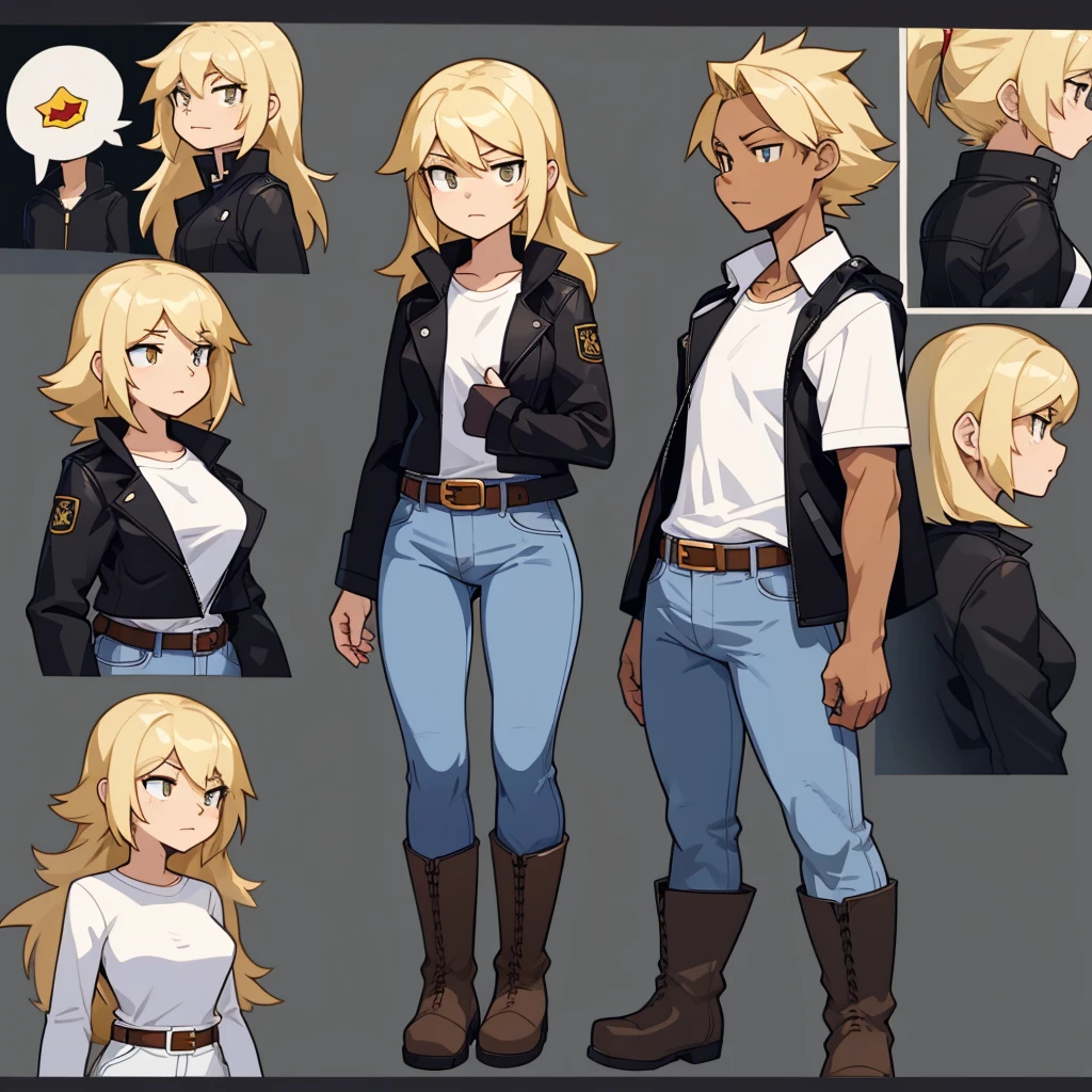 Female _____ wearing a black jacket, a white shirt, jeans, boots, and a belt around her waist.
cartoon style, 4-panel comic strip