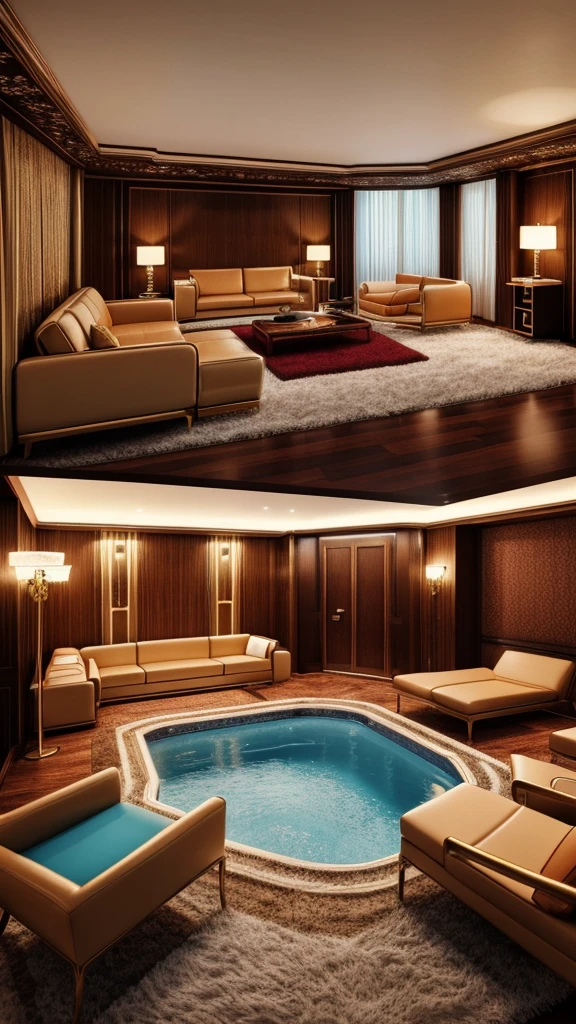 The year is 1982, there is a luxury penthouse suite with a jacuzzi in the center, the room has plush, premium 80s style interior design and fur carpets, photo realistic, vintage, retro, 8K, 16K render