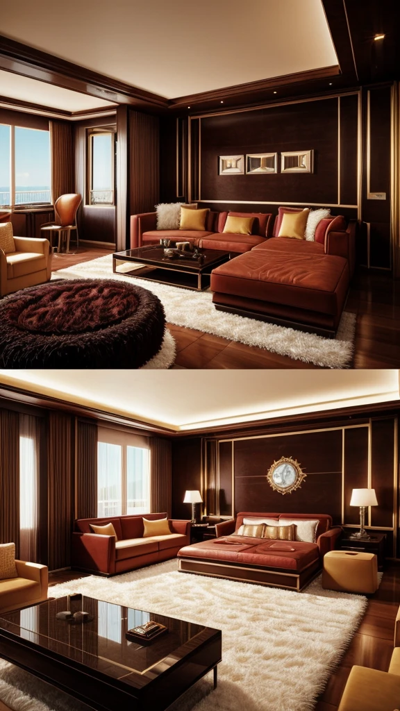 The year is 1982, there is a luxury penthouse suite with a jacuzzi in the center, the room has plush, premium 80s style interior design and fur carpets, photo realistic, vintage, retro, 8K, 16K render