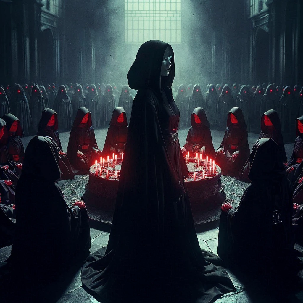 (very sharp result, cinematic desaturated photo) (((dramatic shading))), (((Best Quality))), (((masterpiece))) (((hyper realistic photo))) in starwars universe, gloomy sacred horror magical mood, dramatic backlight shadow, wide view of a sith temple, gothical room ambience, there`s many high priestess japanese girl in black cult hoodie, during a sacrifice ritual, pale skin, mysterious sinister bright red eyes sit at the centre of ritual altar, surrounded by high priestesses