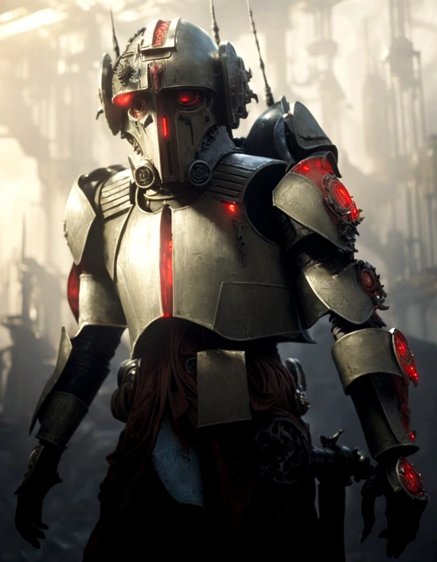 Create an artwork of Tech from Star Wars: The Bad Batch, reimagined in the Warhammer 40,000 universe. Portray him as a venerable Tech-Priest of the Adeptus Mechanicus, standing at full body length. He should be clad in the traditional red robes of the Mechanicus, adorned with arcane symbols and intricate circuitry. His bionic enhancements should be prominently featured, blending Star Wars technology with the gothic, baroque style of Warhammer 40K. He holds a holographic laptop in one hand, its glowing blue interface contrasting with the dark, grim setting. Include elements like servo-arms, cog-tooth motifs, and a mechanical staff. The background should evoke a dark, industrial forge world, with towering manufactorums and the omnipresent glow of forge fires. Ensure the atmosphere is grim and imposing, capturing the essence of both universes.