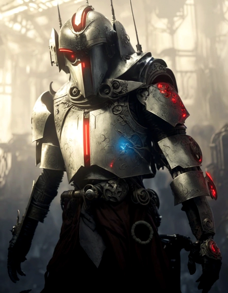Create an artwork of Tech from Star Wars: The Bad Batch, reimagined in the Warhammer 40,000 universe. Portray him as a venerable Tech-Priest of the Adeptus Mechanicus, standing at full body length. He should be clad in the traditional red robes of the Mechanicus, adorned with arcane symbols and intricate circuitry. His bionic enhancements should be prominently featured, blending Star Wars technology with the gothic, baroque style of Warhammer 40K. He holds a holographic laptop in one hand, its glowing blue interface contrasting with the dark, grim setting. Include elements like servo-arms, cog-tooth motifs, and a mechanical staff. The background should evoke a dark, industrial forge world, with towering manufactorums and the omnipresent glow of forge fires. Ensure the atmosphere is grim and imposing, capturing the essence of both universes.