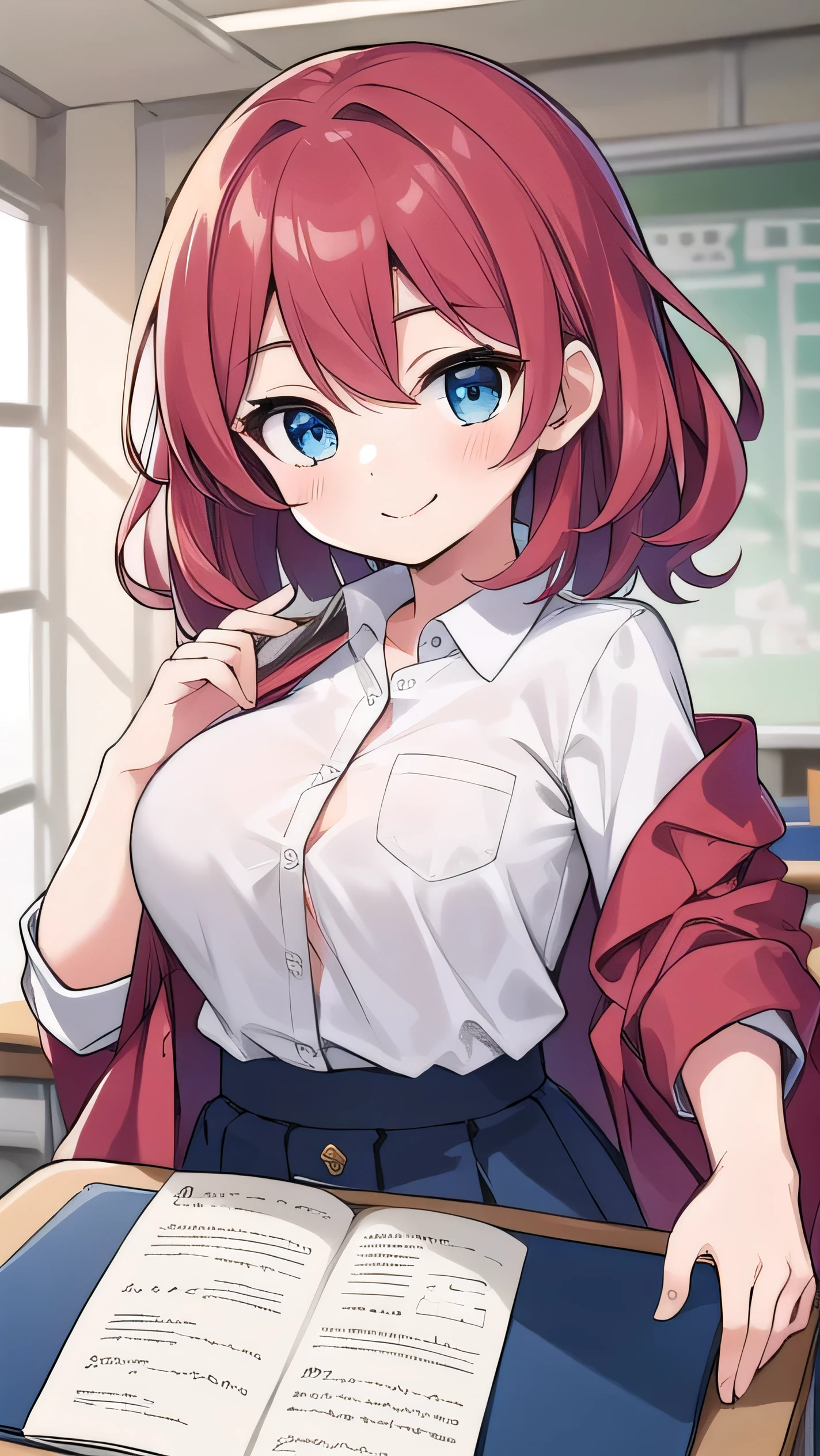 Big breasts, red hair, blue eyes, droopy eyes, red jacket, long sleeves, navy skirt, elementary school student, super big breasts, (medium hair: 1), baggy clothes, elementary school student, young face, short height, 10 years old, old, shy Agari, smiling a little, trying to unbutton his shirt in the classroom, white shirt, soft hair，straight hair  , gentle smile, a little smile