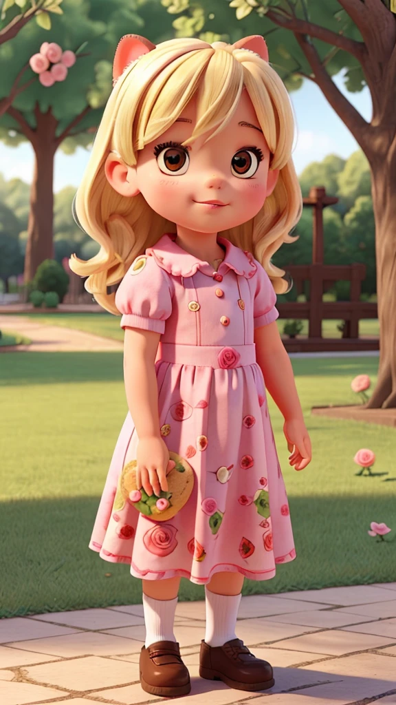 American bully cute friend of a little toddler girl with blonde hair eating a cookie in a rose print dress in a park  drawing style