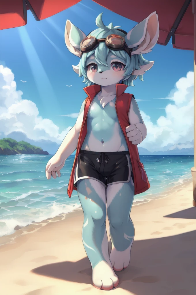 masterpiece, best quality, furry, melusine, :3, feets with three toes, 3 toes, beach, clear sky, ((goggles, red vest, open clothes, black swim trunks)) detailed body fur, detailed face, detailed eyes, glistering body, shiny body, gorgeous body,