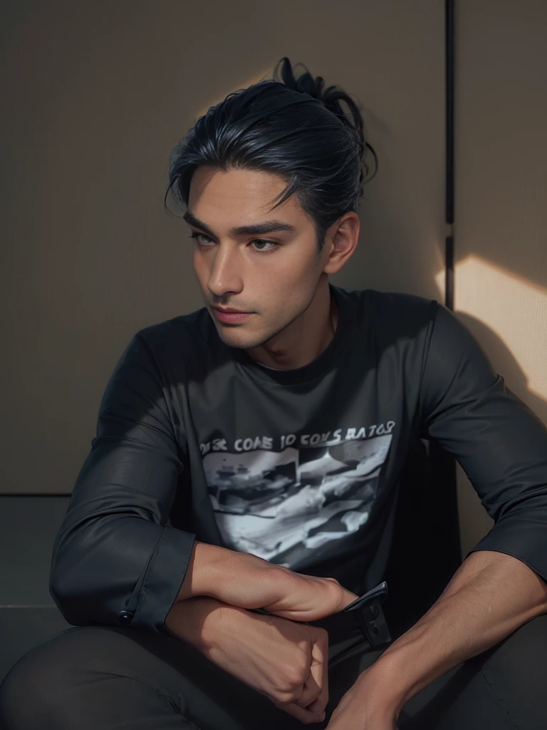 a close up of a man in a blank shirt and black pant, wearing a dark shirt and jeans, navy shirt, wearing in shirt, black shirt, edited, blue shirt, wearing a black shirt, collared shirt, front side, button up shirt, decorative dark blue clothing, attractive and good looking, fully body portrait, full body model, in a beautiful garden