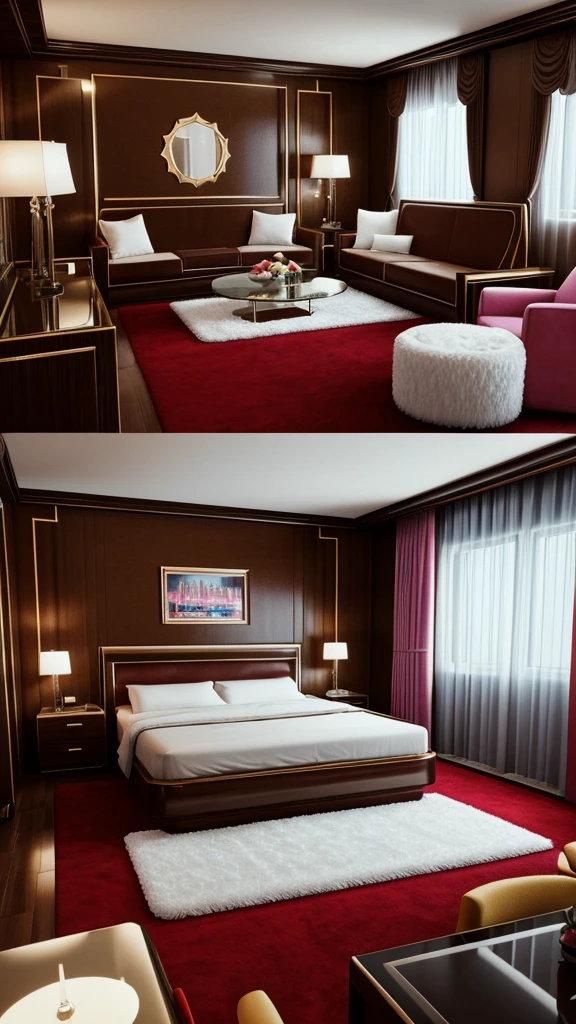 The year is 1982, there is a luxury penthouse suite with a jacuzzi in the center, the room has plush, premium 80s style interior design and fur carpets, photo realistic, vintage, retro, 8K, 16K render