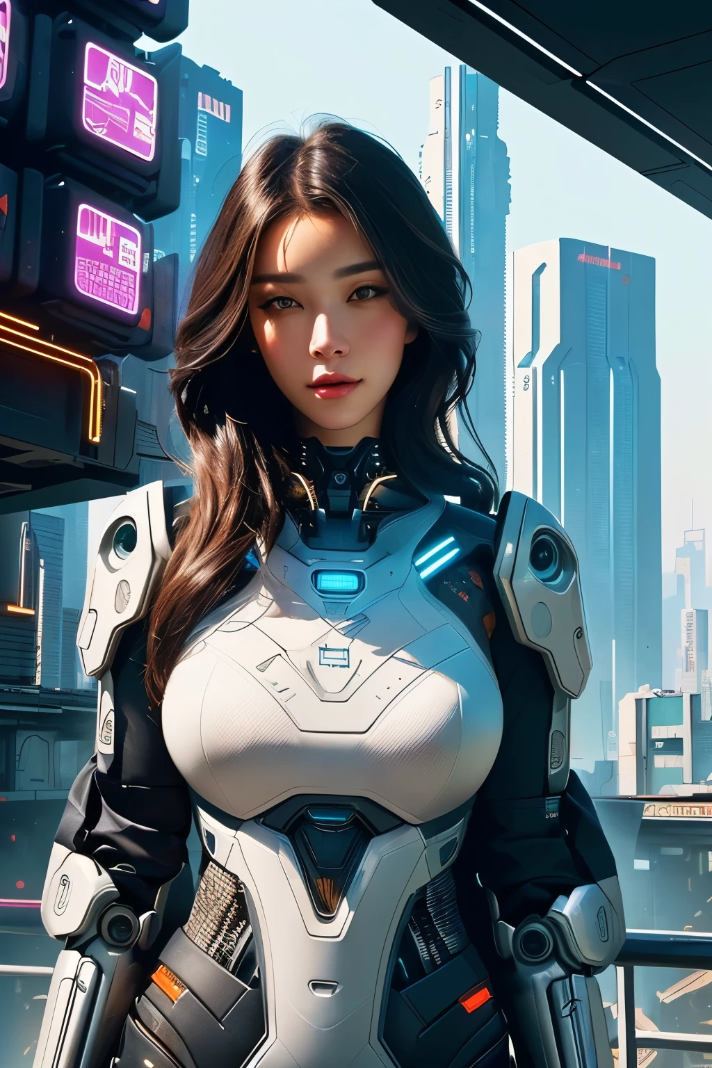 Close up of beautiful woman standing in front of city, Highly detailed official illustrations, lopi girl, Digital Cyberpunk - Art, digital cyberpunk art, Robot mixed with organic matter,