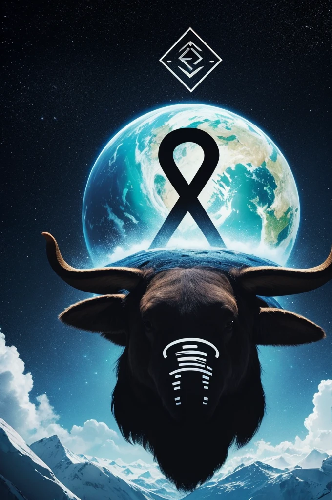 Logo for y2k clothing brand, where the mammoth is the brand icon, Half down from him is on earth and the other half is in heaven, making this reference of earth x sky and the mammoth in the middle. Logo only in black silhouette