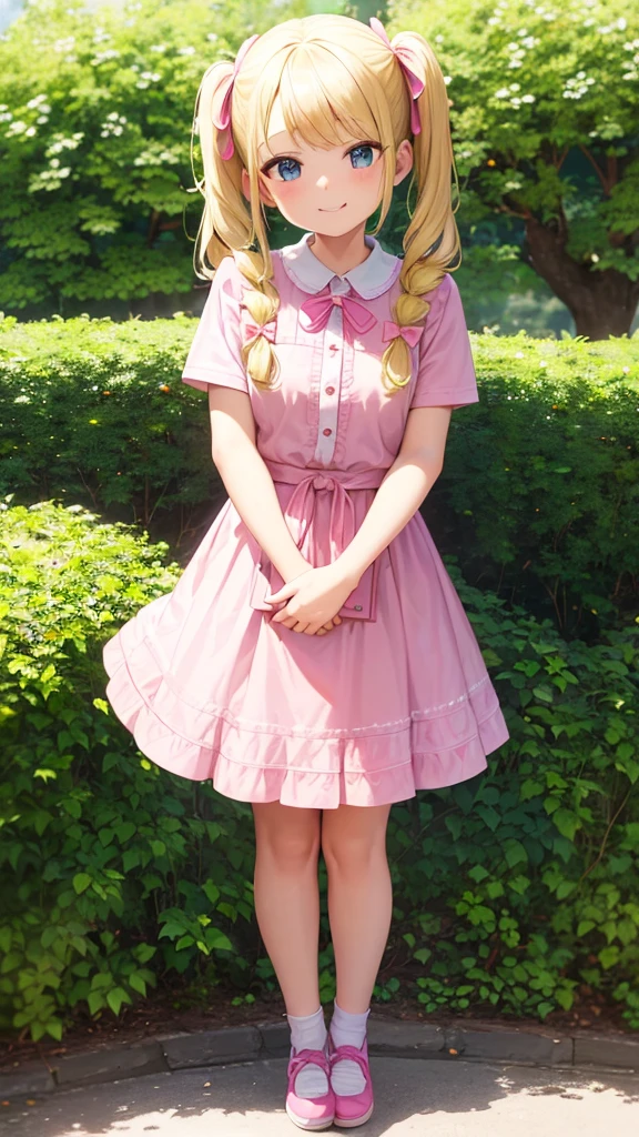 1 girl, blonde hair, twin pigtails, yellow shirt, pink skirt, pink shoes, , age12, day time, masterpiece, full quality, smiling, 2 pink ribbons, cute girl, 12 year old girl,