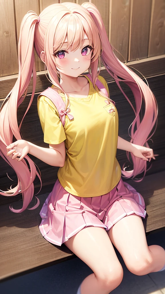 1 girl, blonde hair, twin pigtails, yellow shirt, pink skirt, pink shoes, , , day time, masterpiece, full quality, smiling, 2 pink ribbons, cute girl, 12 ye, 