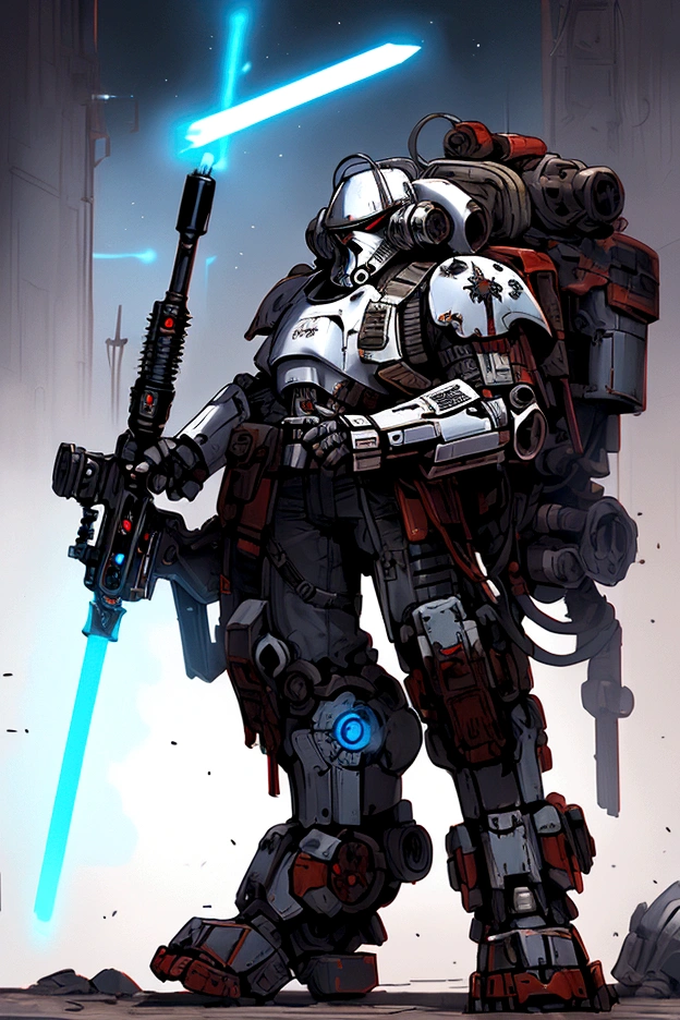 Create an artwork of Tech from Star Wars: The Bad Batch, reimagined in the Warhammer 40,000 universe. Portray him as a venerable Tech-Priest of the Adeptus Mechanicus, standing at full body length. He should be clad in the traditional red robes of the Mechanicus, adorned with arcane symbols and intricate circuitry. His bionic enhancements should be prominently featured, blending Star Wars technology with the gothic, baroque style of Warhammer 40K. He holds a holographic laptop in one hand, its glowing blue interface contrasting with the dark, grim setting. Include elements like servo-arms, cog-tooth motifs, and a mechanical staff. The background should evoke a dark, industrial forge world, with towering manufactorums and the omnipresent glow of forge fires. Ensure the atmosphere is grim and imposing, capturing the essence of both universes.