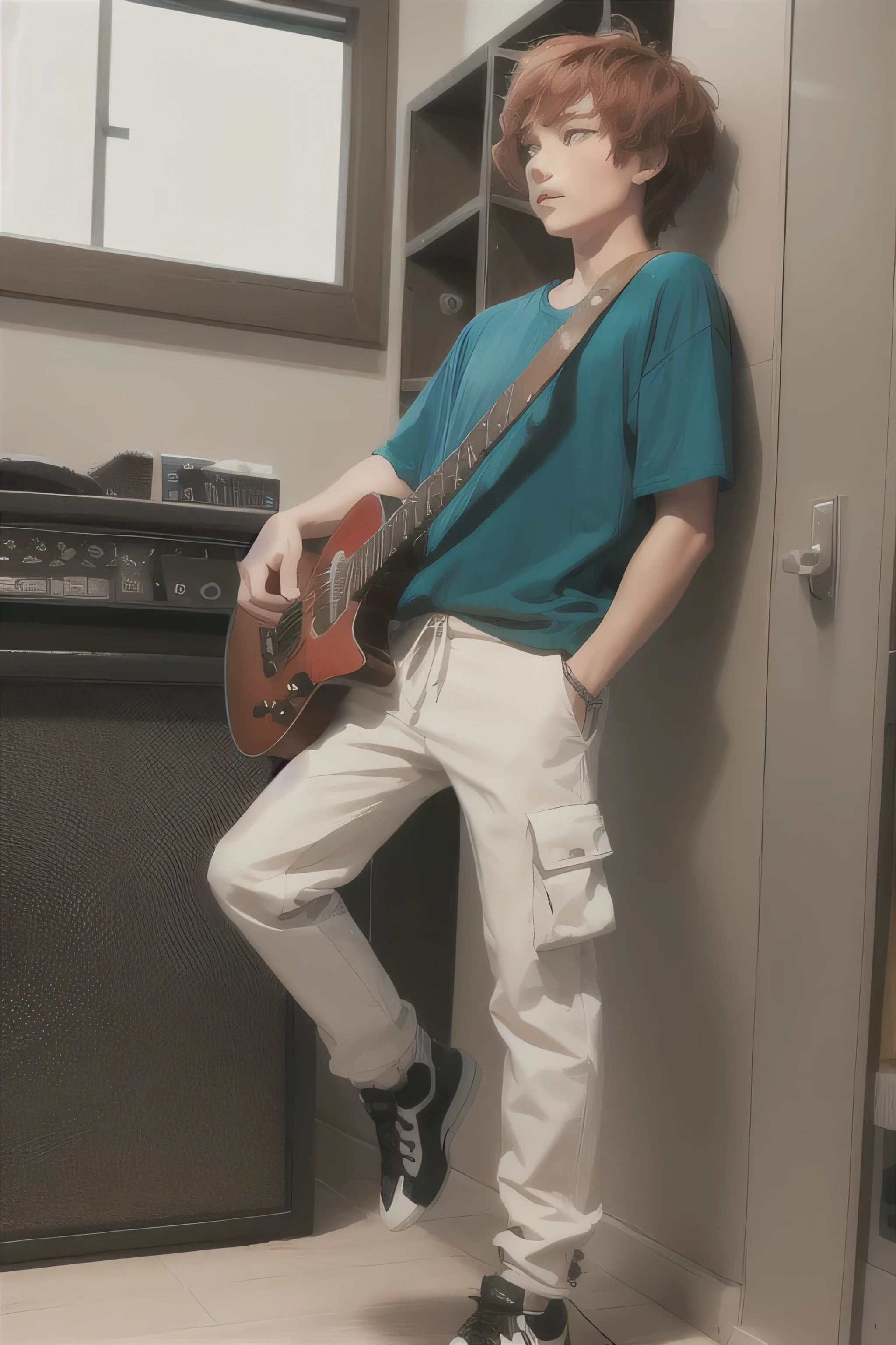 boy, 1.73 m. Physique: thin, tall. Red hair. Green eyes. Skin: white with light bruising. Wearing an oversized t-shirt and cargo pants. Palette hanging around his neck. Holding a guitar.