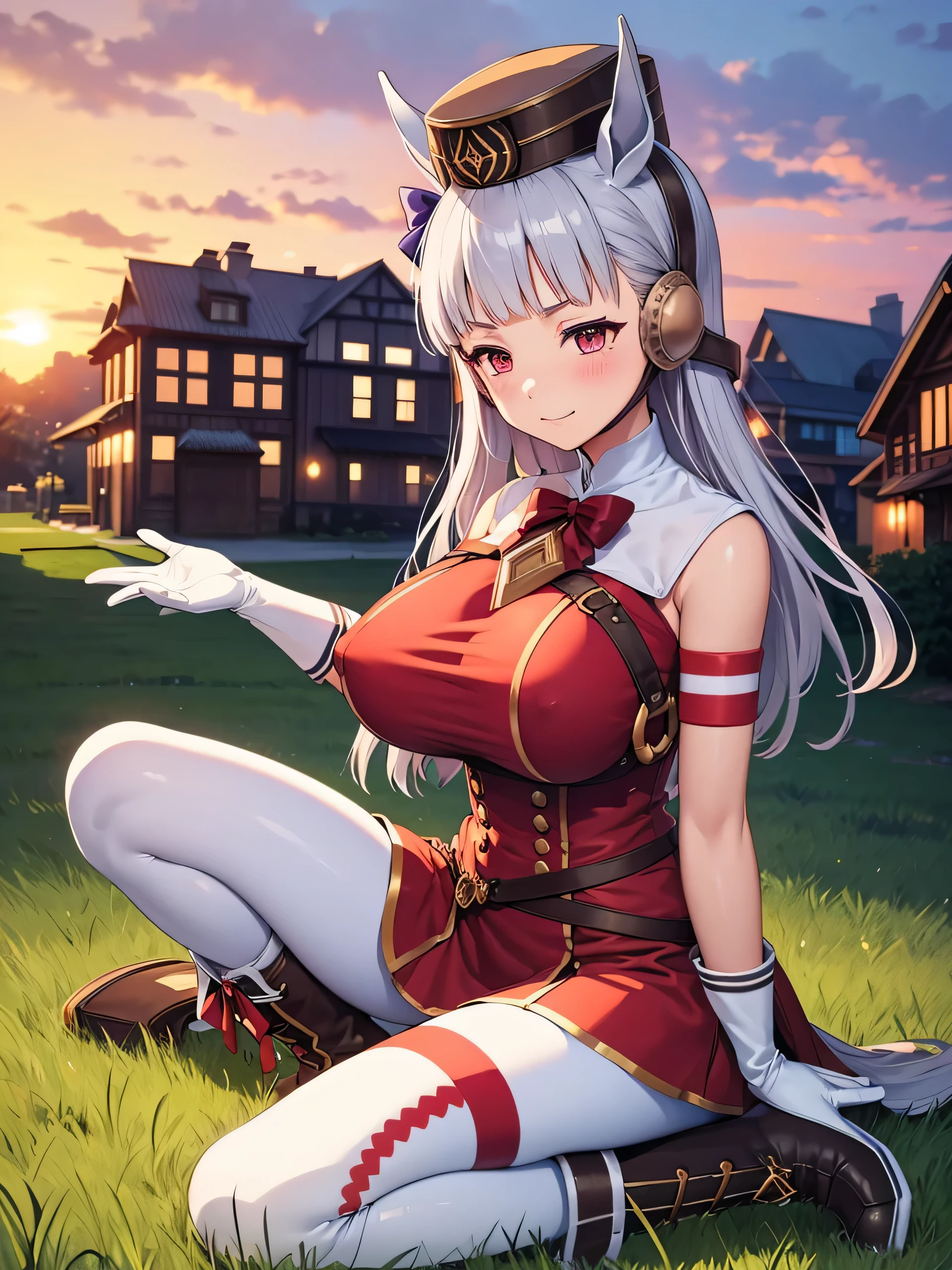 (masterpiece, Highest quality:1.2), alone, One girl, umpd gold ship, pillbox hat,Red dress,No sleeve, White Pantyhose, White gloves、boots, Horse tail,、grassland、Nature、blush、LOL、Wow smile、summer、Sunset、(Huge breasts:1.2)、Nipples are visible、Clothes are see-through、Naughty pose、Sit with your legs apart、Leg spread、Pantyhose bite、See-through pussy、、ergarteners、、6 yearさな体、From the side