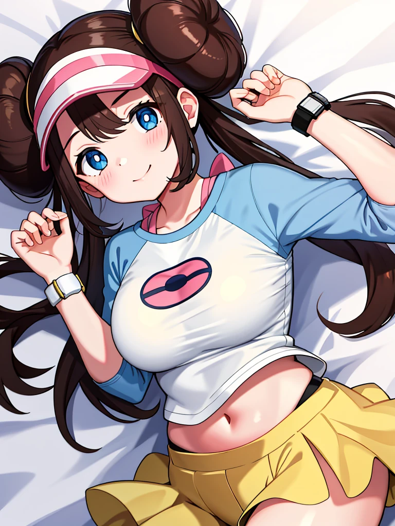 ​masterpiece, top-quality, hight resolution, RO1, Hair buns, blue eyess, Twin-tailed, Visor Cap, raglan sleeves, Yellow shorts, The shirt, Pink ribbon, Watches,large full breasts、、appealing breast、breastso、sexy tummy,  tetas grandes, solo, 1girl, BEDROOM background, hands on chest, embarrased, blush, smile, lying on bed, 