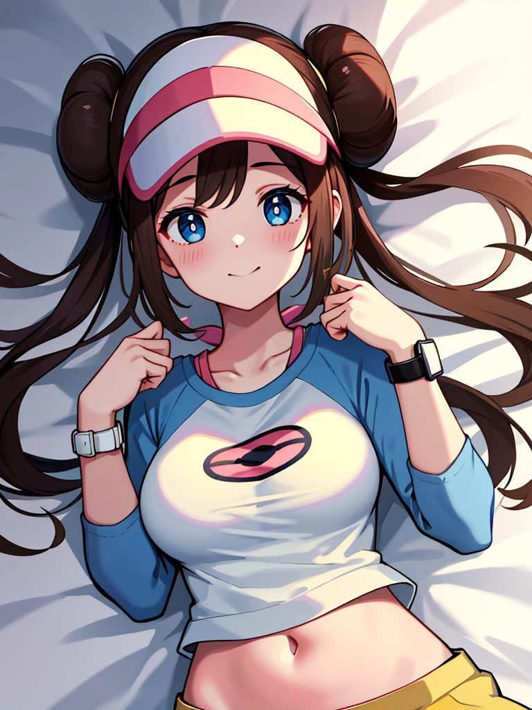 masterpiece, top-quality, hight resolution, RO1, Hair buns, blue eyess, Twin-tailed, Visor Cap, raglan sleeves, Yellow shorts, The shirt, Pink ribbon, Watches,large full breasts、、appealing breast、breastso、sexy tummy, tetas grandes, solo, 1girl, BEDROOM background, hands on chest, embarrased, blush, smile, lying on bed,