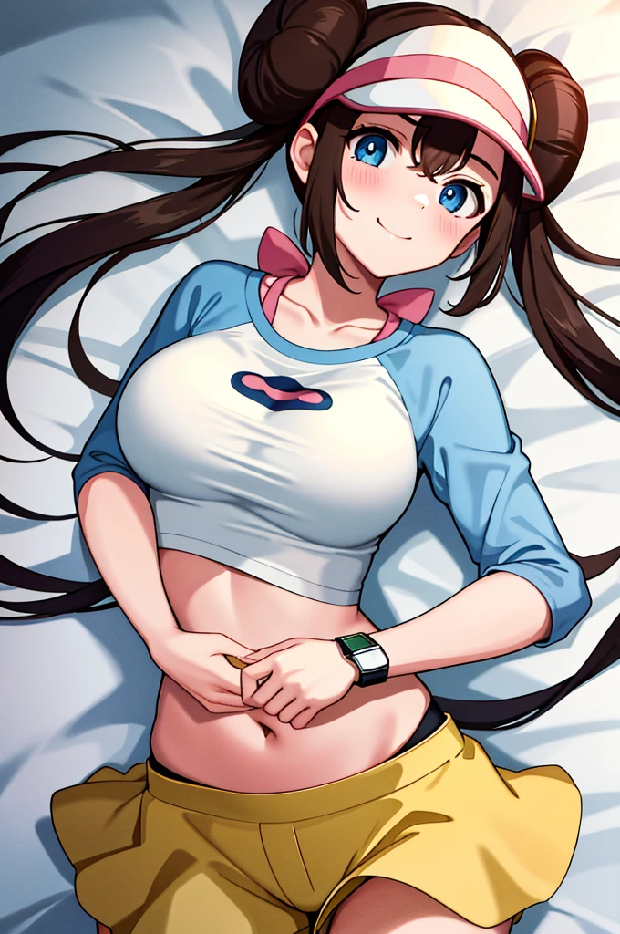 ​masterpiece, top-quality, hight resolution, RO1, Hair buns, blue eyess, Twin-tailed, Visor Cap, raglan sleeves, Yellow shorts, The shirt, Pink ribbon, Watches,large full breasts、、appealing breast、breastso、sexy tummy,  tetas grandes, solo, 1girl, BEDROOM background, hands on chest, embarrased, blush, smile, lying on bed, 