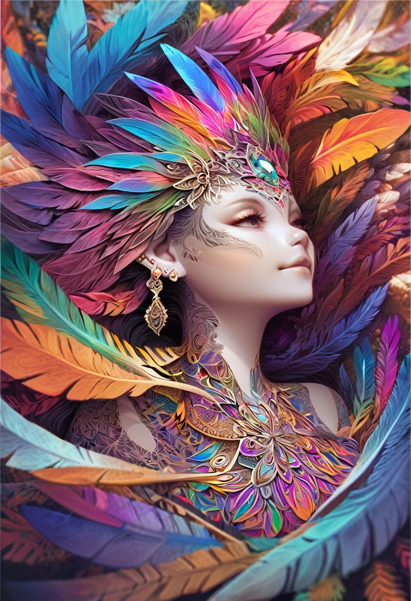 (masterpiece, top quality, best quality, official art, beautiful and aesthetic)(1girl)fractal art, colorful, flowers, zentangle, full body, abstract background, shiny skin, many colors, earrings, feathers,