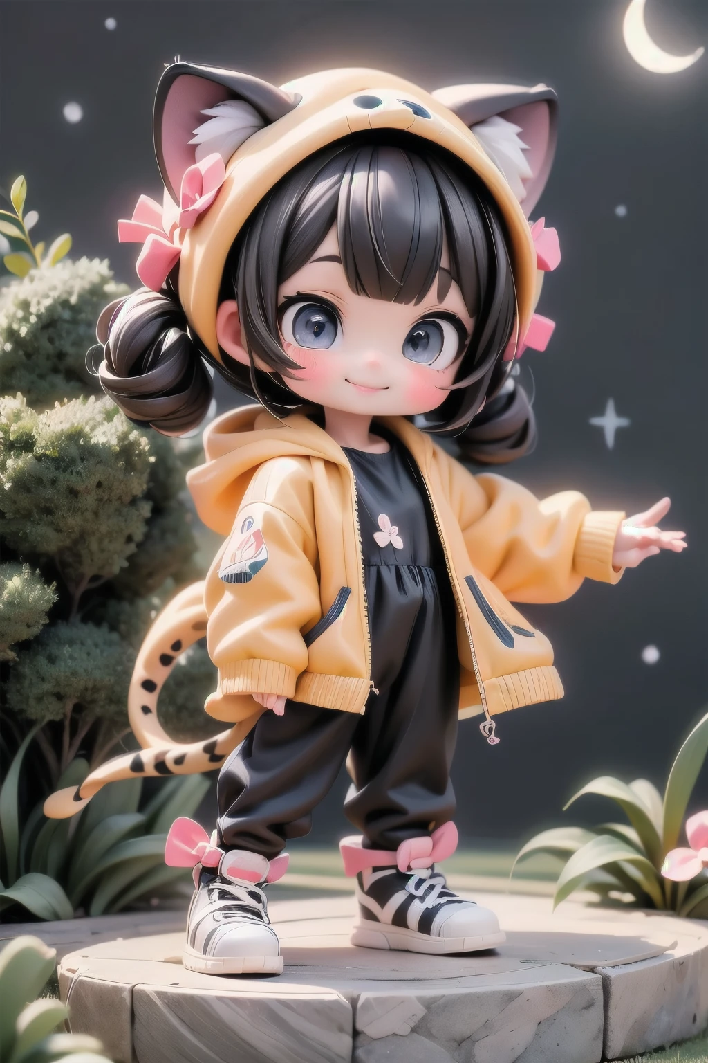 cute chibi girl smiling wearing a (cheetah kigurumi), action pose, dynamic angle, location garden at night, garden outdoors, starry sky, moon