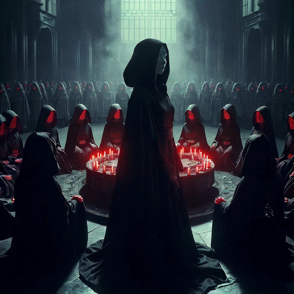 (very sharp result, cinematic desaturated photo) (((dramatic shading))), (((Best Quality))), (((masterpiece))) (((hyper realistic photo))) in starwars universe, gloomy sacred horror magical mood, dramatic backlight shadow, wide view of a sith temple, gothical room ambience, there`s many high priestess japanese girl in black cult hoodie, during a sacrifice ritual, pale skin, mysterious sinister bright red eyes sit at the centre of ritual altar, surrounded by high priestesses