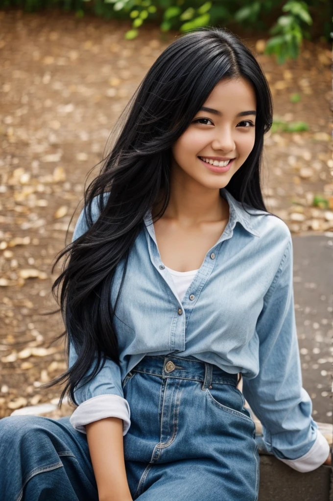 Black haired girl, beautiful, realistic, smiling, pissing