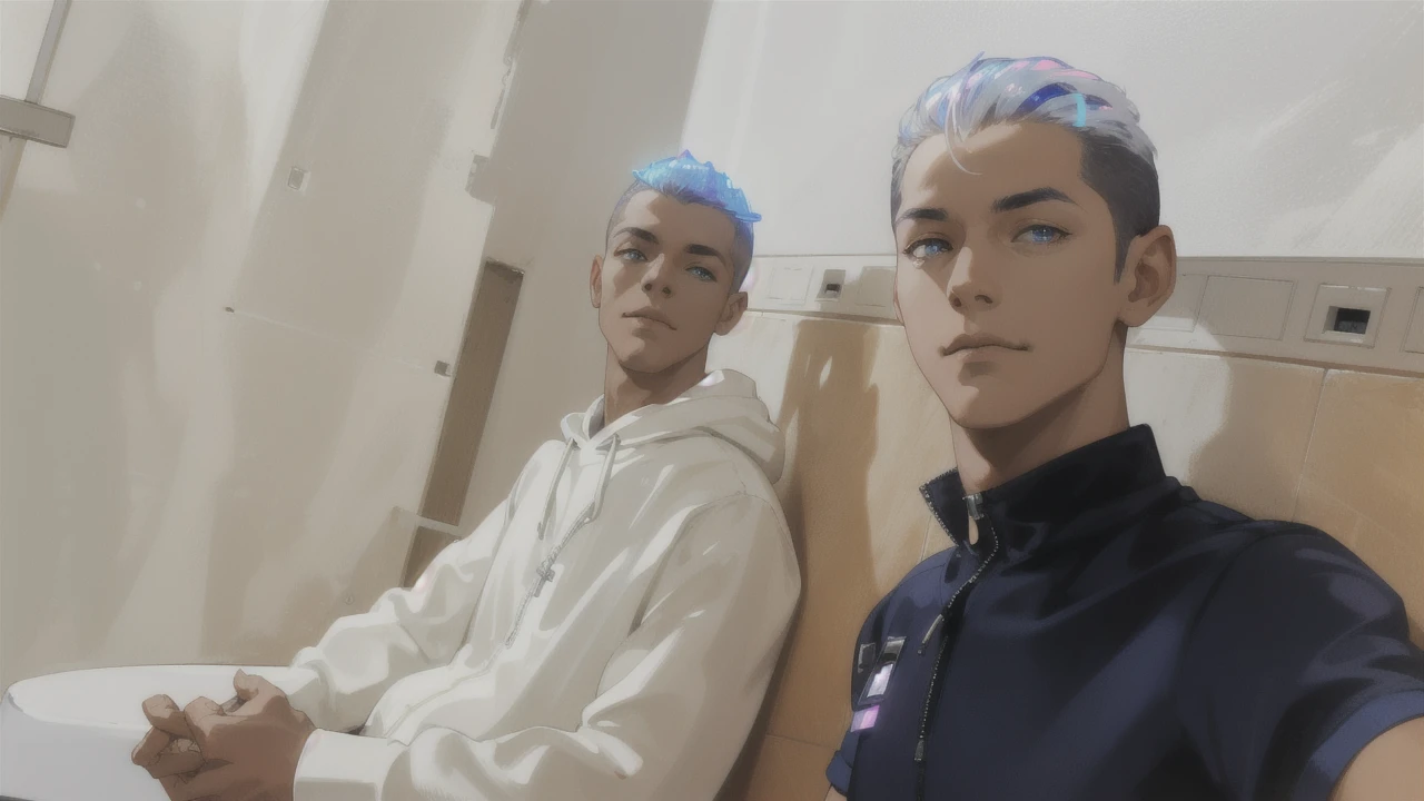 (absurdres, highres, ultra detailed), 1 male, mature, manly, tall muscular, handsome, finely detailed eyes, intricate details, portrait, looking at viewer, solo, half shot, detailed background, detailed face, (1980s synthwave theme:1.1)  high-tech futuristic hacker, smirk, advanced technology, hoodie, techwear, wearable device, keycard, cables,   (holographic display:1.05),   computer, password, control panel in background, blue lights,  dark sinister atmosphere, shadows,