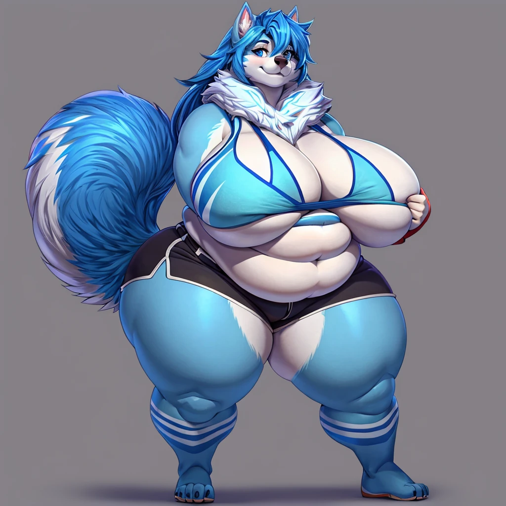 Malamute, female, long hair, gorgeous, beautiful, eyelashes, voluptuous, plump, belly rolls, fat arms, fat legs, ,tank top, shorts ,huge saggy breasts ,fringe on eye,heavy top, huge hips huge thighs heavy bottom ,sports bra,sports shorts, simple background , obese, belly rolls, fat rolls, belly rolls,belly overhang,rolled up tail,  blue body, light blue stripes,blue highlights ,white,whitehighlights, blue highlights, blue stripes,blue hair,huge butt, blue eyes,blue thigh markings,huge breasts,