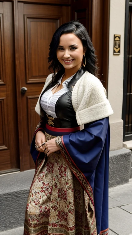 Demi Lovato dressed in traditional Andorran clothing and smiling sexy.