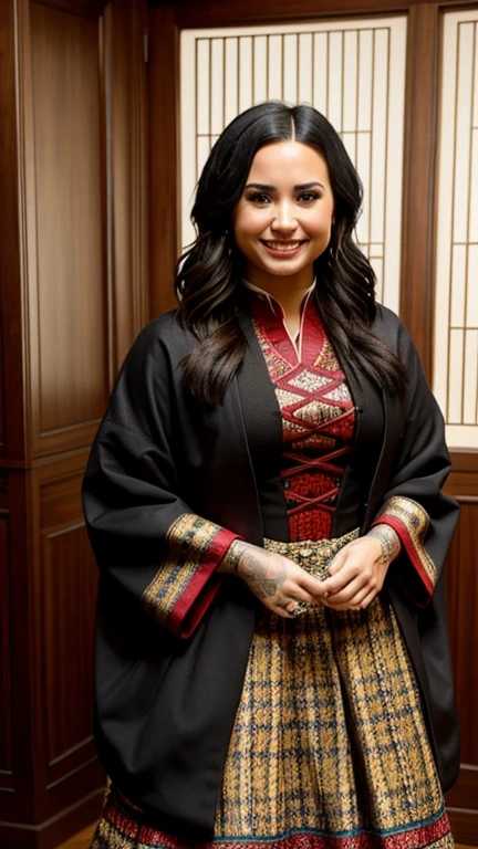 Demi Lovato dressed in traditional Andorran clothing and smiling sexy.