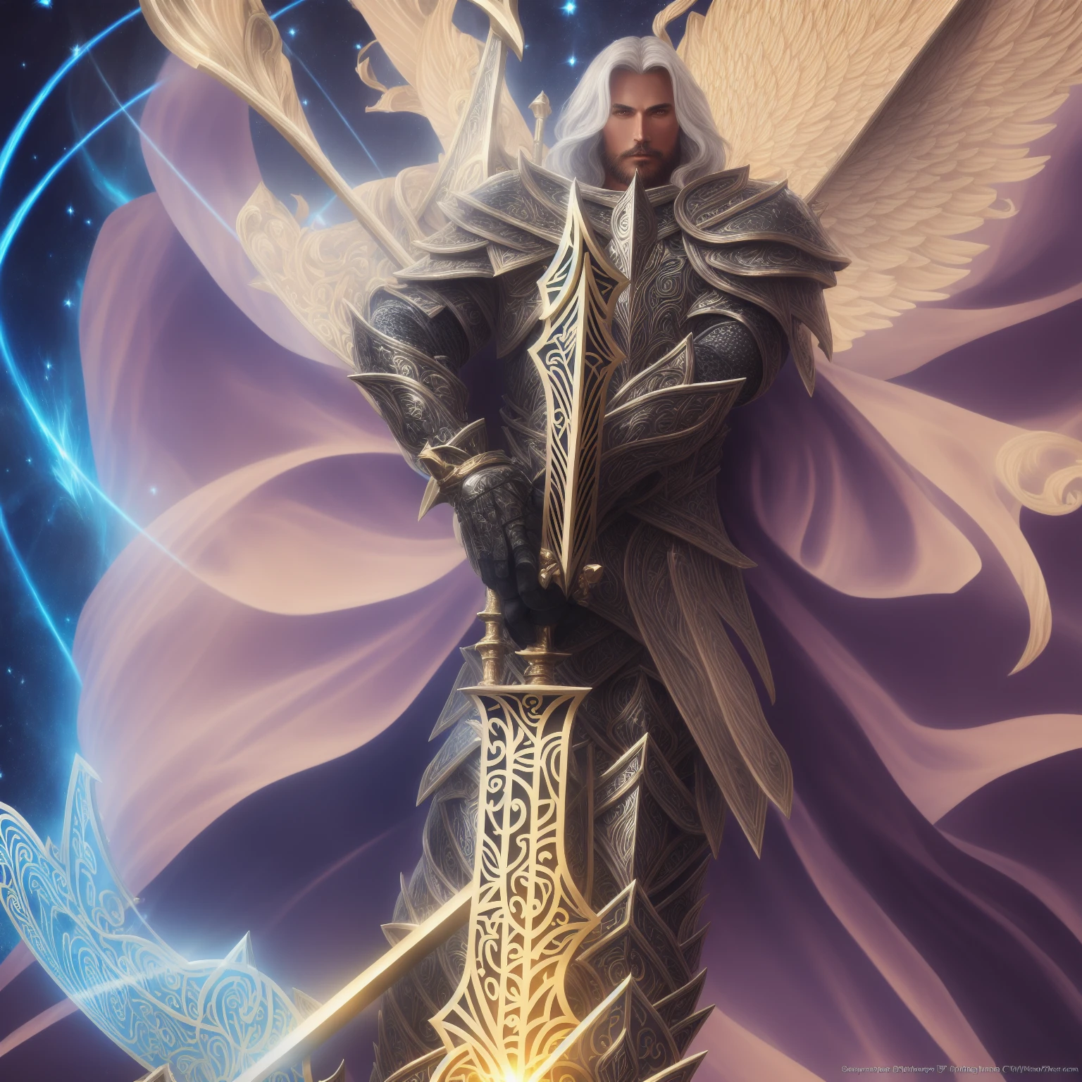 1man, adult man, silver hair, long wavy hair, golden eyes, tanned skin, An impressive Archpaladin wielding a majestic kite shield. The Archpaladin is a formidable figure who radiates strength and nobility. Adorned in white shining armor, the Archpaladin stands tall and confident, exuding an aura of divine power. In one hand, the Paladin black sword holds a majestic kite shield adorned with intricate winds patterns and divine symbols. The shield shines with a bright light, symbolizing its protective properties. The Archpaladin's expression is determined and resolute, embodying unwavering faith and righteous power. The background is a grand and sacred setting, with pillars of light and celestial energy. The art style captures Wlop's majestic aesthetic, with bold, vibrant colors, intricate details, and a sense of divine presence. Camera Shot: Full body shot, showing the imposing stature of the Archpaladin and the intricate design of the majestic shield. Rendering style: bold colors, radiant lighting, and a sense of divine grandeur. Resolution: 4K for optimal impact.",Detailedface,1guy