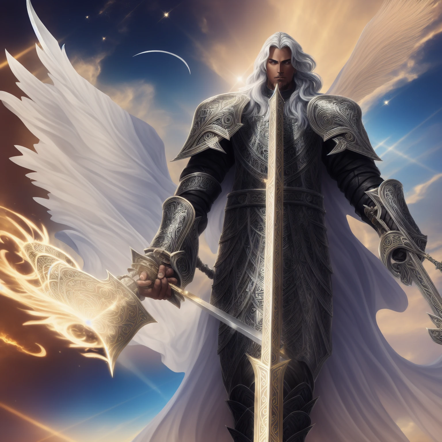  1man, adult man, silver hair, long wavy hair, golden eyes, tanned skin, An impressive Archpaladin wielding a majestic kite shield. The Archpaladin is a formidable figure who radiates strength and nobility. Adorned in white shining armor, the Archpaladin stands tall and confident, exuding an aura of divine power. In one hand, the Paladin black sword holds a majestic kite shield adorned with intricate winds patterns and divine symbols. The shield shines with a bright light, symbolizing its protective properties. The Archpaladin's expression is determined and resolute, embodying unwavering faith and righteous power. The background is a grand and sacred setting, with pillars of light and celestial energy. The art style captures Wlop's majestic aesthetic, with bold, vibrant colors, intricate details, and a sense of divine presence. Camera Shot: Full body shot, showing the imposing stature of the Archpaladin and the intricate design of the majestic shield. Rendering style: bold colors, radiant lighting, and a sense of divine grandeur. Resolution: 4K for optimal impact.",Detailedface,1guy