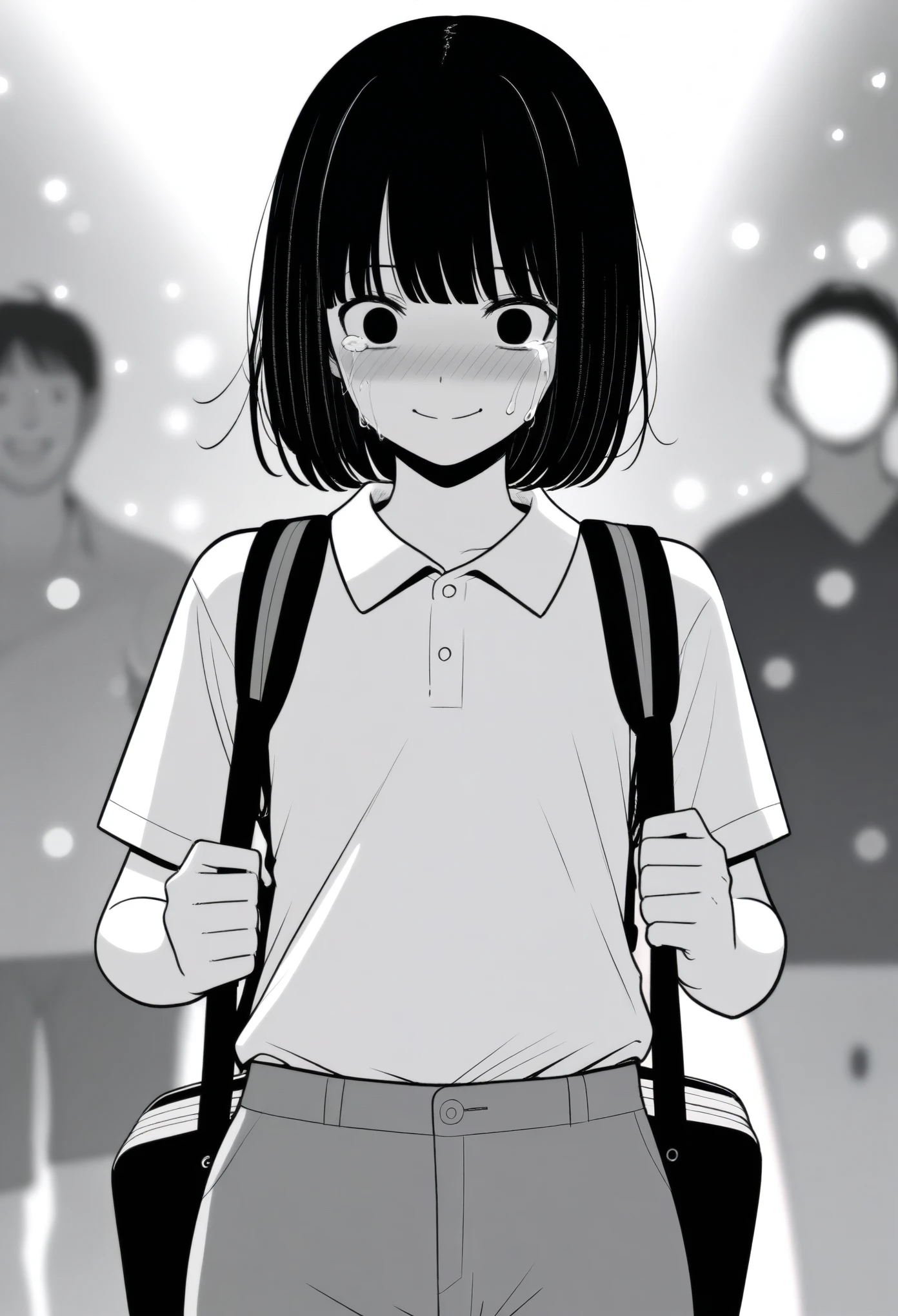 masterpiece, best quality, 1girl, mamerakkkkko, grayscale, manga style, japanese, chi no wadachi, black eyes, street, iced, black hair, schoolbag, smile, lineart, white background, white shirt, grey shorts, centered, 18 years old, tall, fair skinned, bokeh background, crying, tears, straight-on, tears streaming, bob cut, light particles, centered

