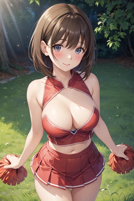 masterpiece, Highest quality, High resolution, Pixel perfect, Written boundary depth, 

anegasaki nene、Shiny brown hair, short hair, (Beautiful brown eyes)、smile、Sparkling eyes, (Fine grain)、Ultra-detailed eyes、非常にDetailed face, Highly detailed eyes,Cowboy Shot、
(A woman wearing a cheerleader outfit and holding two pom-poms), 
1 Girl, single, alone, Beautiful Anime Girls, Beautiful art style, Anime characters, (Realistic eyes:1.2), (Beautiful Eyes:1.2), (Detailed face), (blush:1.2), (Anime CG Style), 
(Medium chest), Good lighting, Dynamic Angle, Perfect body, Lips parted, Are standing, Grass, abdomen,