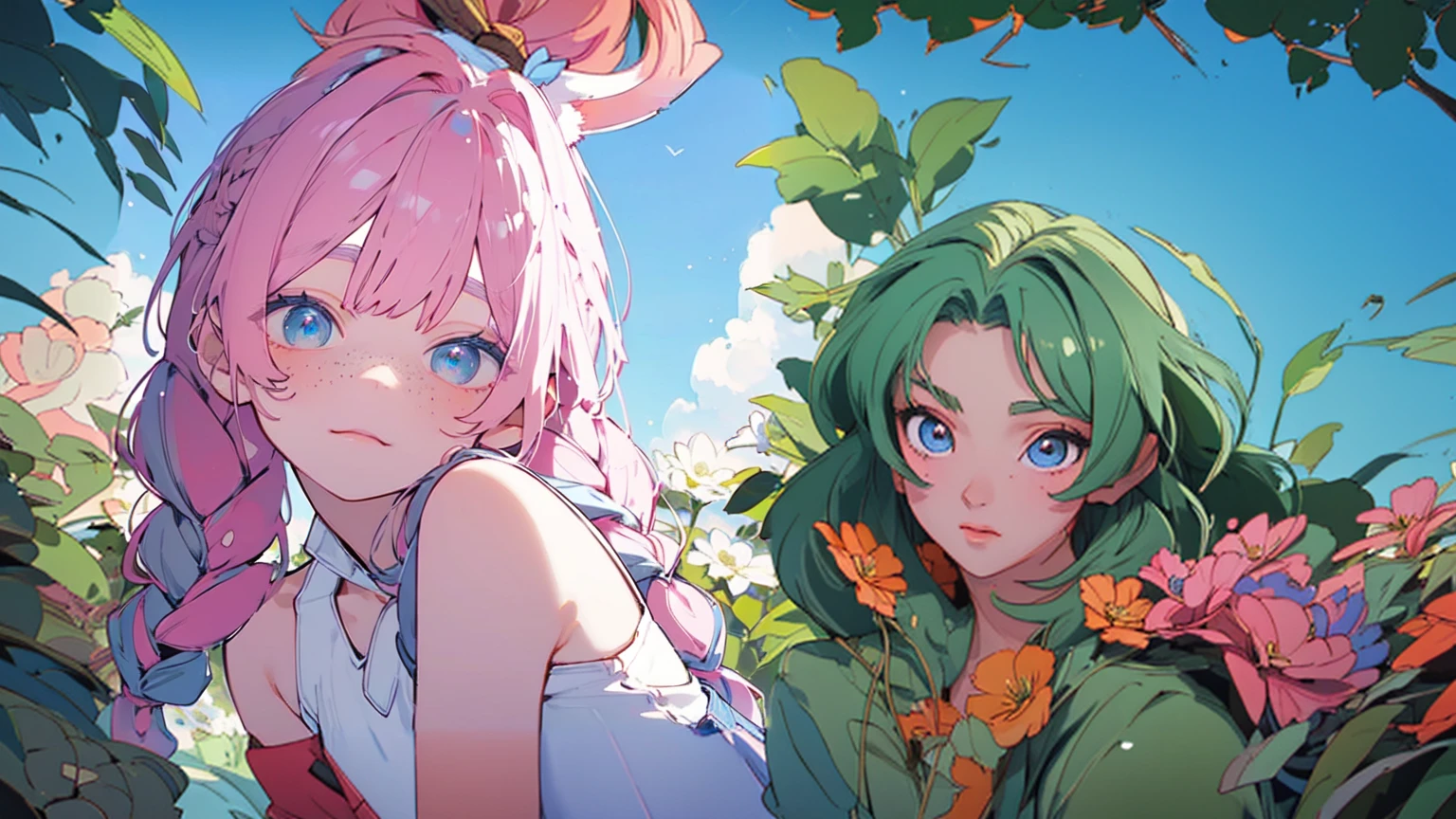 masterpiece, Best quality, 8 k, complex parts, ultra detailed, Add Background, leaves, flowers, anime style