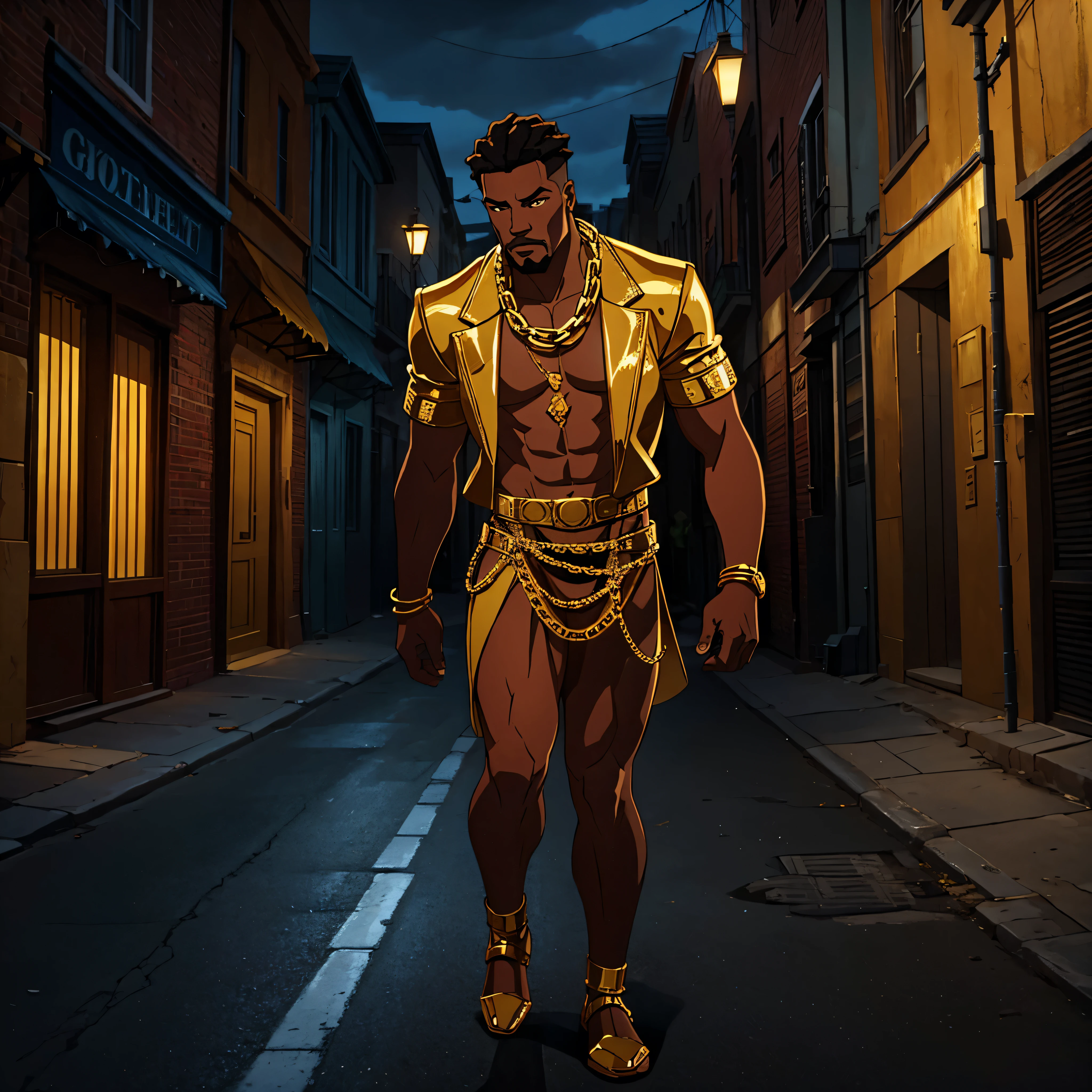 man with gold chains walking down the street in the ghetto, cinematic action, masterpiece, super detail, textured skin, atmospheric perspective,