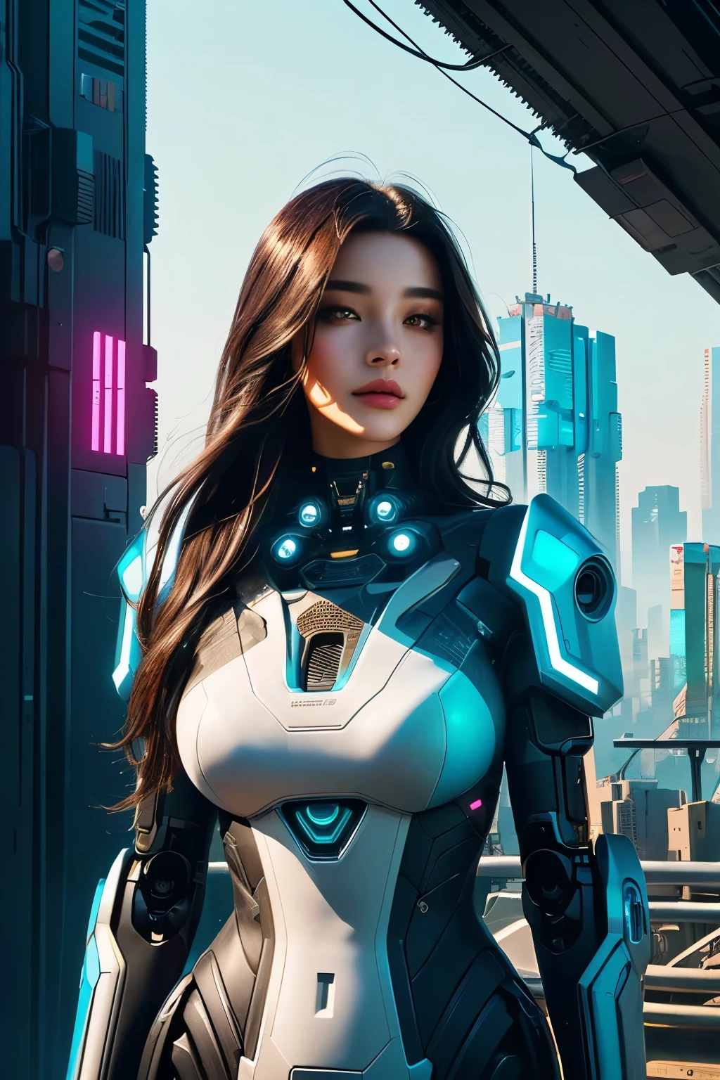 Close up of beautiful woman standing in front of city, Highly detailed official illustrations, lopi girl, Digital Cyberpunk - Art, digital cyberpunk art, Robot mixed with organic matter,