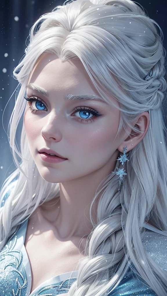 The image features a highly detailed and realistic representation of Elsa, a popular animated character from Disney's "Frozen" franchise. She appears with her distinctive platinum blonde hair and blue eyes. The image captures her with a serious expression and a dusting of frost and snowflakes on her hair and shoulders, which is fitting for her ice queen persona.