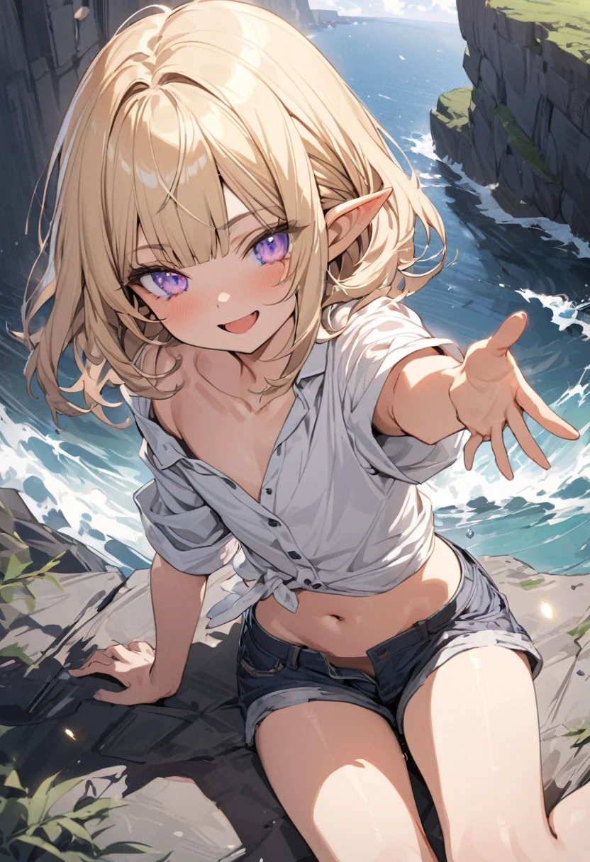 ((Masterpiece)), ((best quality)), (Anime:1.4), (super detail:1.2), (High Definition:1.3), (Professional Photography:1.3), (wide shot), (sharp focus), (perfect light), ((12 years old)), (1girl), cute young girl, (nauhty smile), open mouth, glitter eyes, (Beautiful purple eyes:1.2), (dark skin), elf girl, ((loose white buttoned shirts)), ??????? buttoned shirts, , cute navel, exposed neck and Beautiful collarbone, (Healthy slim body), (loose blunt  bangs), unruly hair, (medium hair), ((beautiful blond hair)), short shorts, BREAK, ((best quality)), sitting on the ground, (reaching arm), ((Cliffs over 100 meters above sea level)), (super detail:1.2), raging waves,