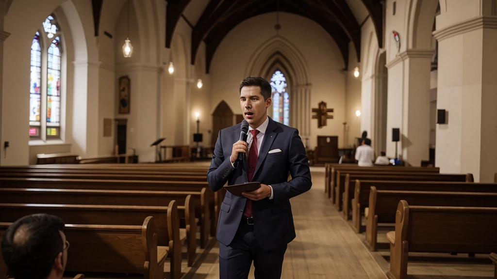 image of a pastor inside the church, he is speaking into the microphone, he is communicating with a crowded church