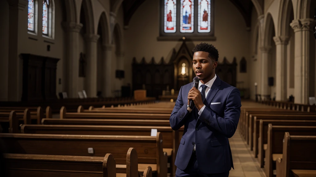 image of a pastor inside the church, he is speaking into the microphone, he is communicating with a crowded church