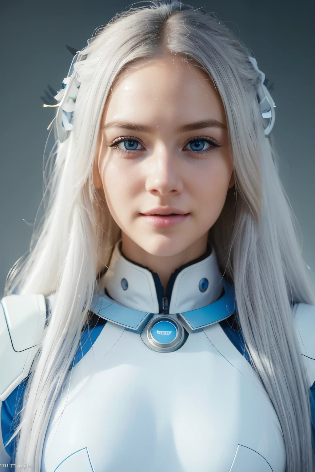 a beautiful young woman, long white hair, sky blue eyes, white and light blue futuristic suit, smiling, at school, (best quality,4k,8k,highres,masterpiece:1.2),ultra-detailed,(realistic,photorealistic,photo-realistic:1.37),extremely detailed face and eyes, beautiful detailed lips, longeyelashes, school background, cinematic lighting, vibrant colors, award winning digital art
