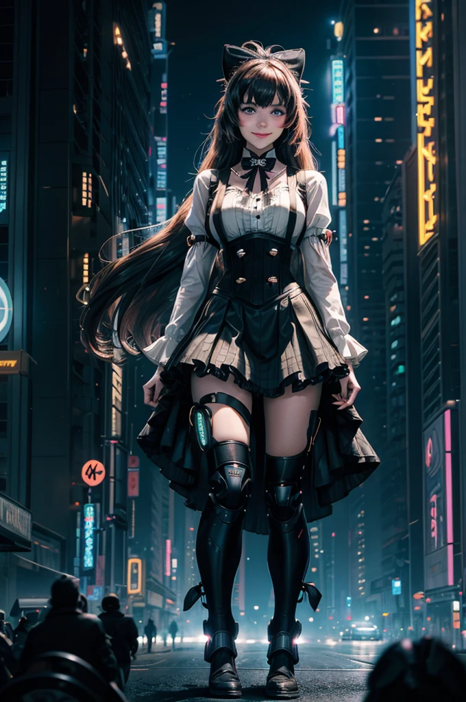 1girl, solo, cowboy shot,  smile,  underbust, Penny Polendina, long hair, neck ribbon, suspender skirt, corset, black bow, white blouse, mechanical legs, neon trim, walking in cyberpunk city, night, stars moon, mega skyscrapers,  vehicles, neon signs, Crowd, (crowd wearing cyberpunk fashion)

