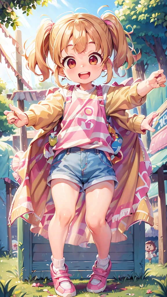 1 girl, blonde hair, twin pigtails, white shirt, blue jean skirt, pink and white striped short slevees, soocks, pink shoes, , age12, day time, masterpiece, full quality, smiling, 2 pink ribbons, cute girl, 12 year old girl, freckled face, smiling, open mouth,