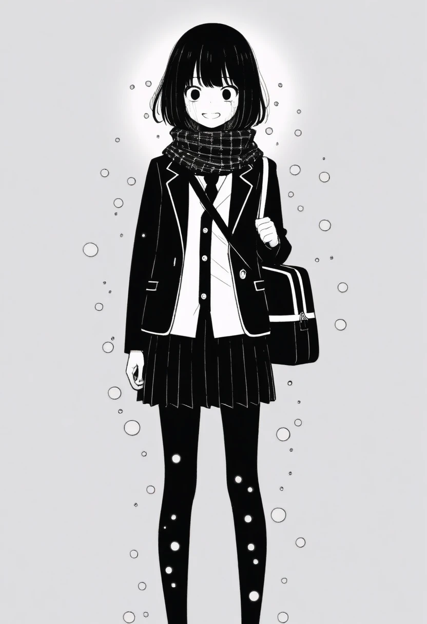 masterpiece, best quality, 1girl, mamerakkkkko, grayscale, manga style, japanese, chi no wadachi, black eyes, street, iced, black hair, schoolbag, smile, lineart, white background, black coat, black scarf, black pleated skirt, leggins, centered, 18 years old, tall, fair skinned, bokeh background, crying, tears, straight-on, tears streaming, bob cut, light particles, centered, snowing