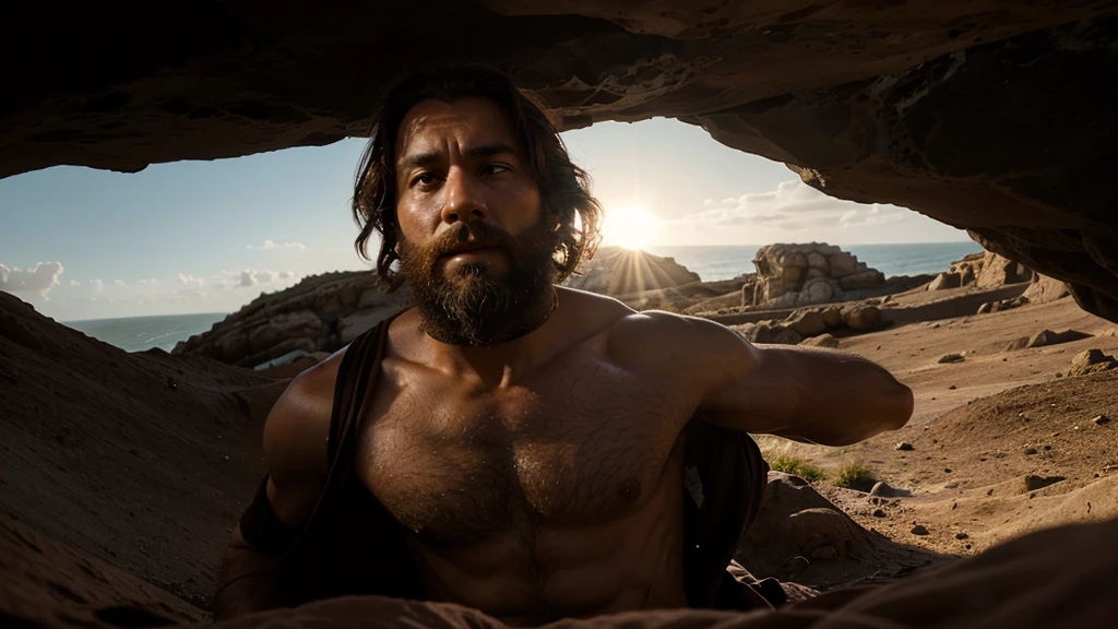 Create a film-style image with a bearded slave man emerging from a cave and looking at the sun