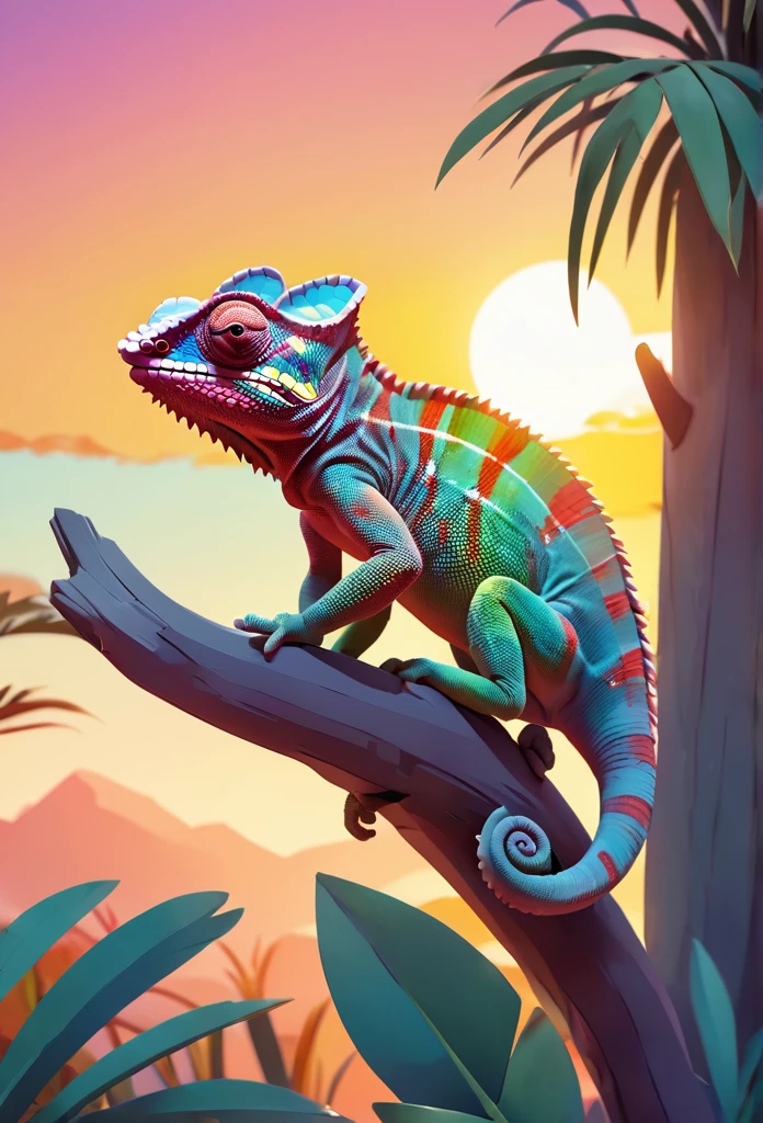 a silhouette design of a chameleon, sunset design, 3D vector art, cute and quirky, bright bold colorful., watercolor effect, , digital painting, low-poly, bird's-eye view, isometric style, focused on the character, 4K resolution, photorealistic rendering, using Cinema 4D,front side