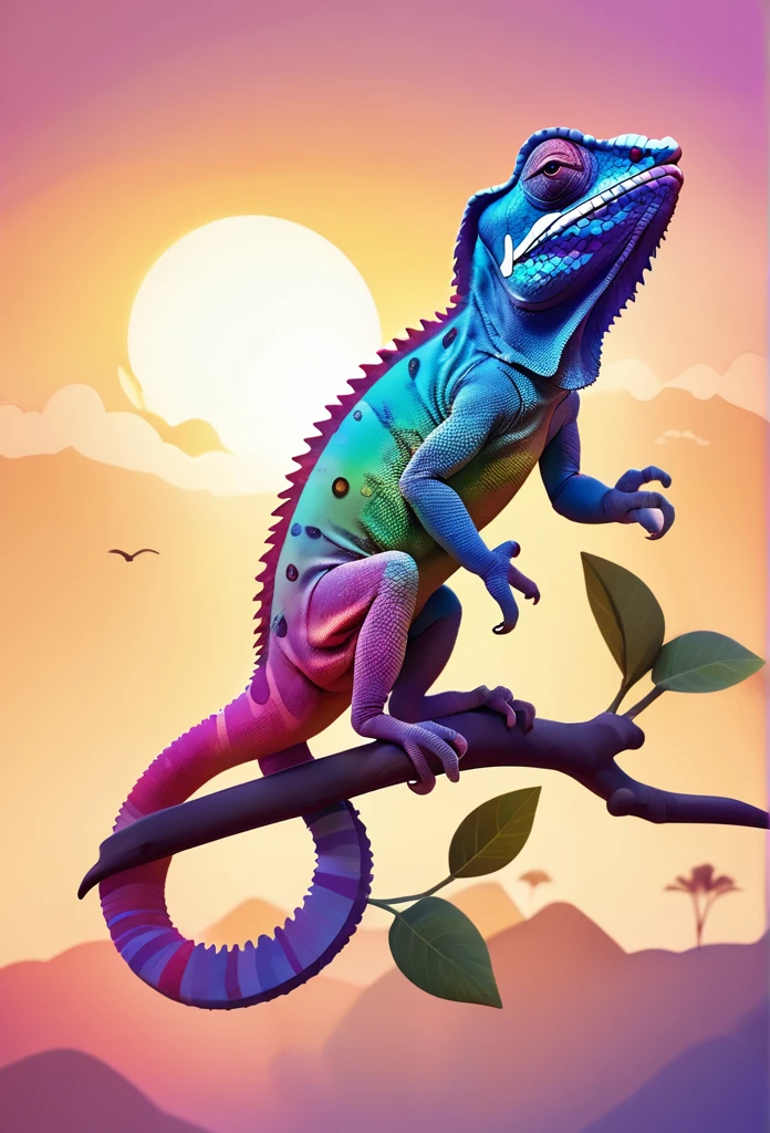 a silhouette design of a chameleon, sunset design, 3D vector art, cute and quirky, bright bold colorful., watercolor effect, , digital painting, low-poly, bird's-eye view, isometric style, focused on the character, 4K resolution, photorealistic rendering, using Cinema 4D,front side