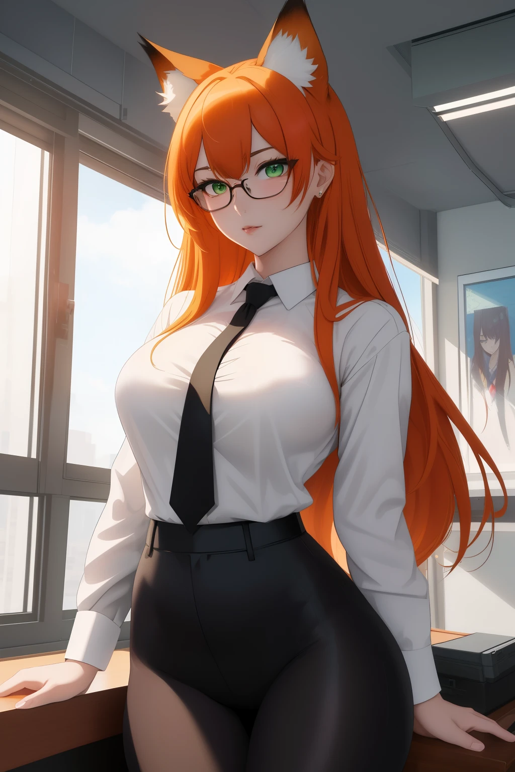 (masterpiece, Best quality), 8K, ultra detailed, realistic photo, Detailed face, perfect lighting, green eyes, bright orange hair, bright hair, fox ears, nice legs, side photo, beautiful, Cute, skin pores, 1 girl, perfect shirt, fully dressed, beautiful women 30 years old, Beautiful proportions, Russian woman, Caucasian, European, Business lady, stunningly beautiful woman, mother, thick legs, show ass, big breasts, (Thin white shirt:1.4), thick, hot, (White Office Wear:1.4), tight pants, (wide hips:1.2), thick, (white Office pants:1.3), spread your legs, Legs open, full length, wide hips, Glasses, with long orange hair, standing on the beach near the ocean, green eyes detailed digital anime art, cat ear, anime girl with long hair, гладкое аниме cg art, anime girl with long hair, digital anime art, work in Guweiz style, Beautiful anime portrait, Photorealistic render of an anime girl, pantyhose, Beautiful anime girl, advanced digital anime art, guweiz на artstation pixiv HD UHD HQ
