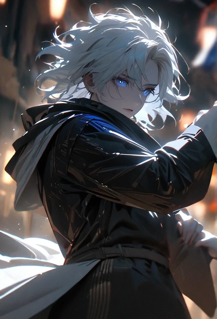 (solo), white hair, messy hair, mane hair, short hair, dense hair, wild hair, expressive hair, mature,(25 year old), pale skin, blue eyes, ((male)), wearing a black dress shirt, wearing a white cloak,, rolled up sleeves, handsome, attractive, eye reflection, depth of field, blue thunder aura, blue cinematic lighting, blue ray tracing, depth of field, cinematic lighting, blue ray tracing, UHD, high details, best quality, highres, high quality, award winning, super detail, masterpiece, 8k, UHD, high details, best quality, highres, high quality, award winning, super detail, masterpiece, 8k, digital art, anime coloring, full body shot, body shot, In a fighting position, Hand to hand combat, good face, perfect face, detailed face, good eyes, looking towards the screen.